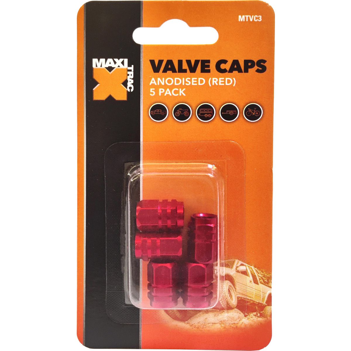 Maxi Trac Anodised Hex Red Valve Caps 5 Pack MTVC3