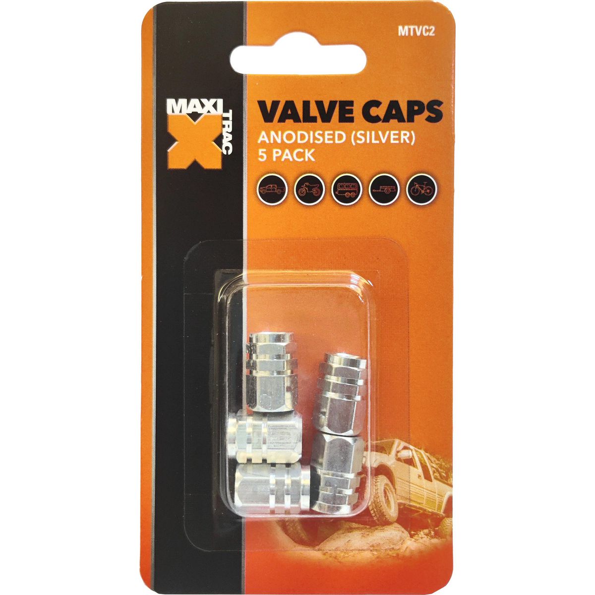 Maxi Trac Anodised Hex Silver Valve Caps 5 Pack MTVC2