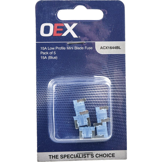 OEX Low Profile Mini Blade Fuse, 15A Blue - Pack Of 5 ACX1644BL