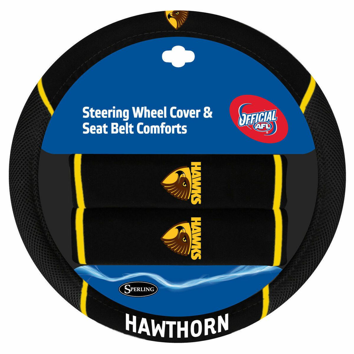 AFL Steering Wheel Cover/Seat Belt Cover Set - Hawthorn Hawks ACAFLHAWACC