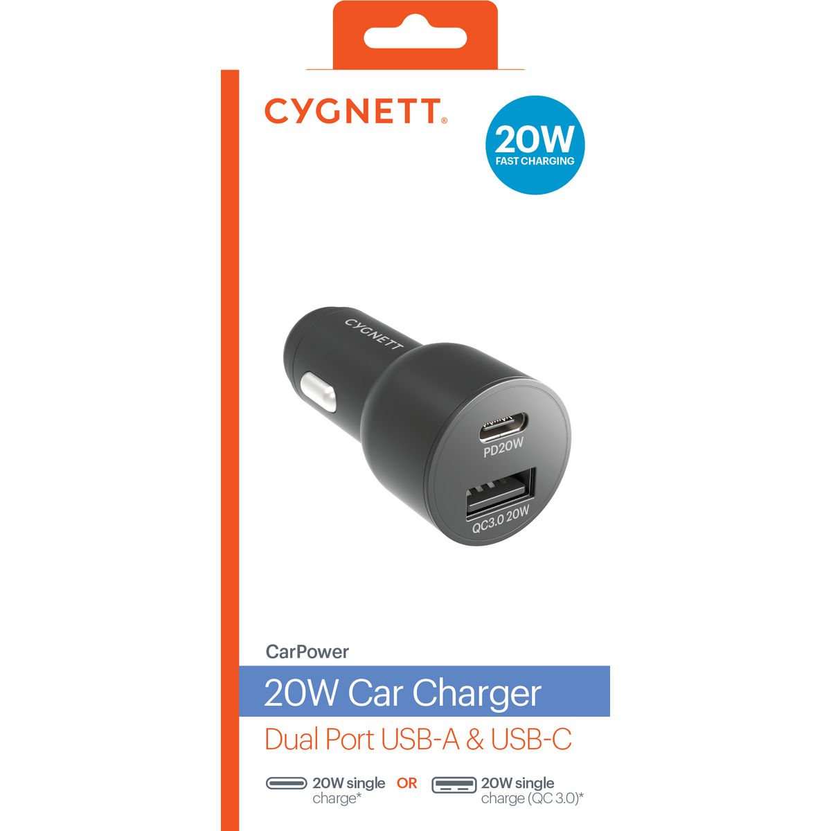 Cygnett Carpower 20W Car Charger Dual Port Usb-A & Usb-C CY3637CYCCH