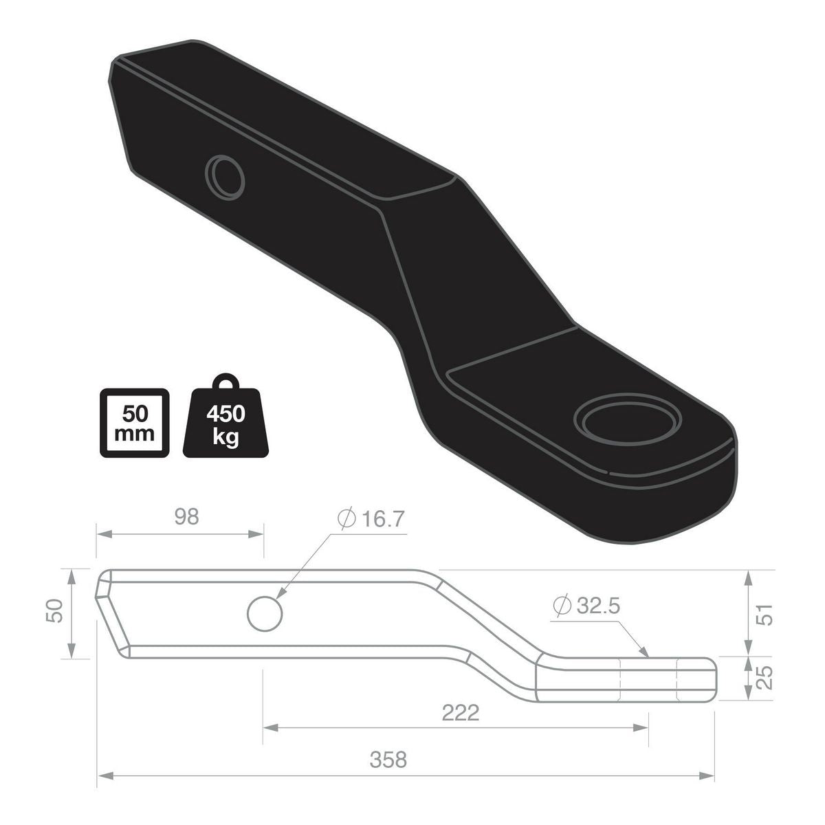 TAG 2 Inch Drop Forged Tow Ball Mount 222mm Long 50mm Square Hitch UNTTBM452
