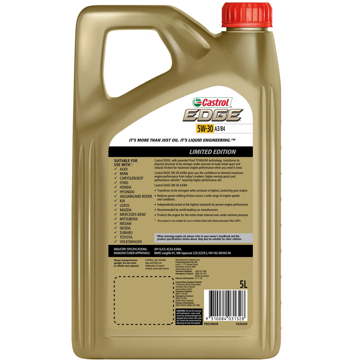 Castrol EDGE A3/B4 5W-30 100 Years Repco Bottle Engine Oil 5L 3426249