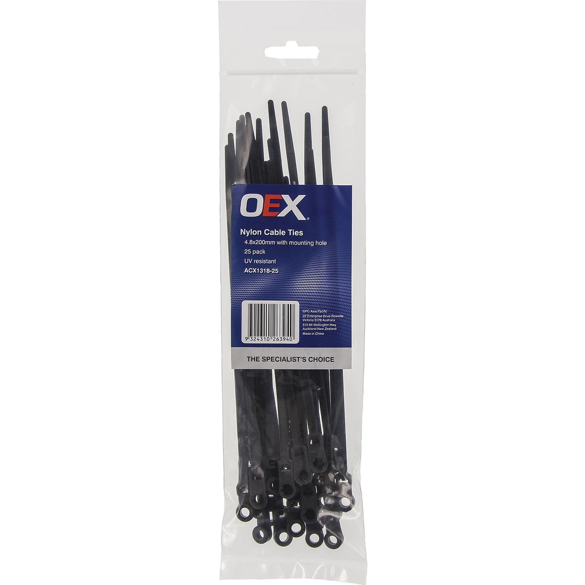 OEX Black Nylon Cable Ties - 4.8mm X 200mm, With Mounting Hole - Pack Of 25 ACX1318-25