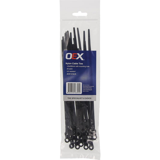 OEX Black Nylon Cable Ties - 4.8mm X 200mm, With Mounting Hole - Pack Of 25 ACX1318-25