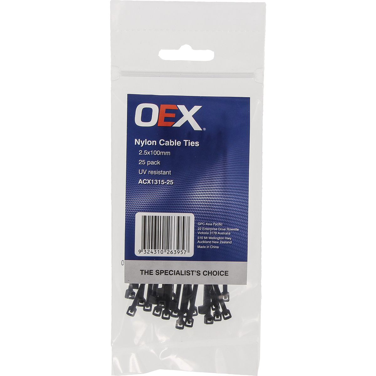 OEX Black Nylon Cable Ties - 2.5mm X 100mm - 25 Pc ACX1315-25