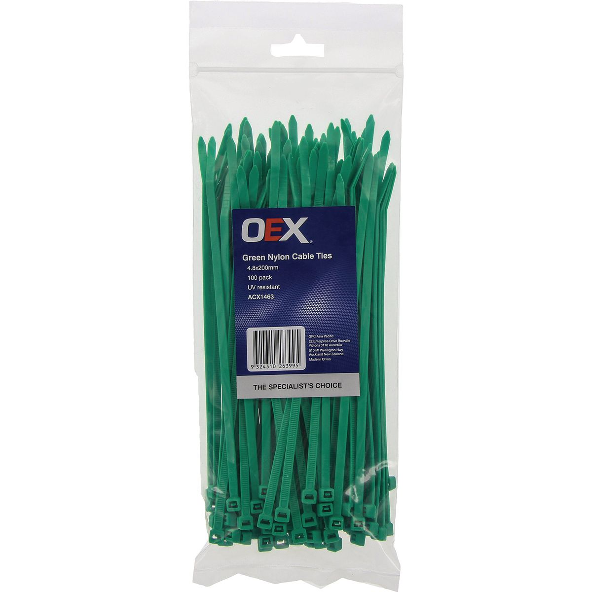 OEX Green Nylon Cable Ties - 4.8mm X 200mm - 100 Pc ACX1463