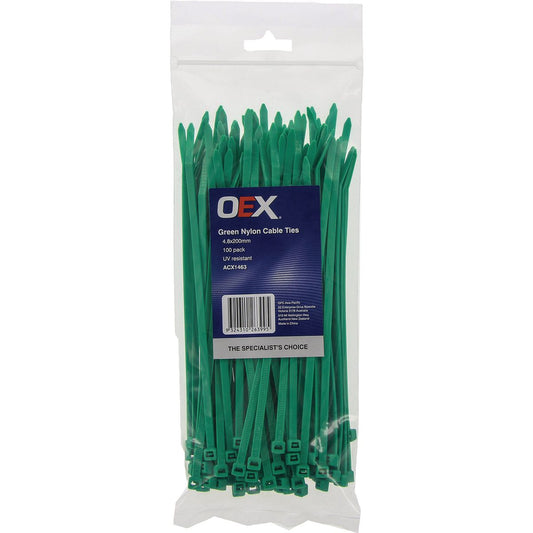 OEX Green Nylon Cable Ties - 4.8mm X 200mm - 100 Pc ACX1463