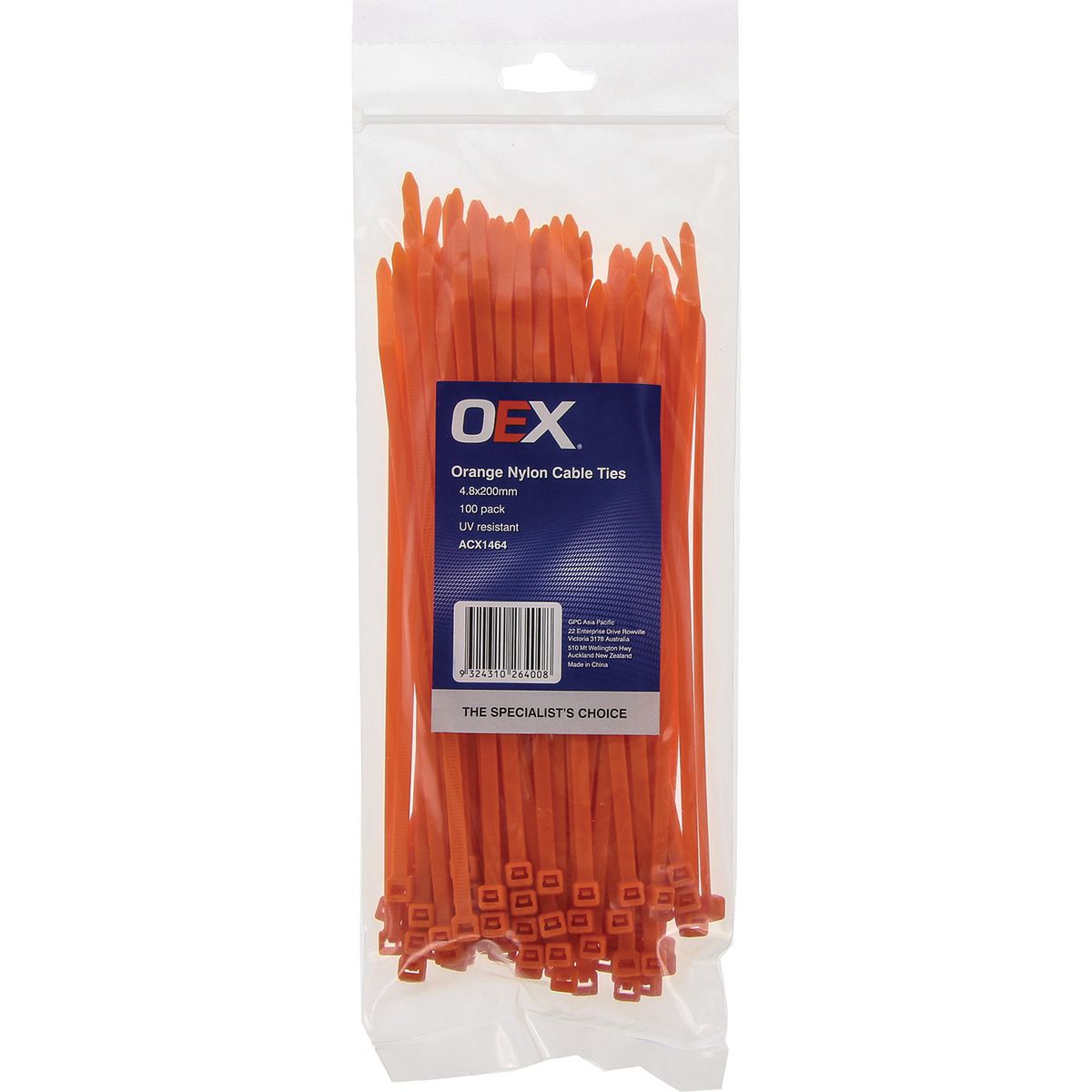 OEX Orange Nylon Cable Ties - 4.8mm X 200mm - 100 Pc ACX1464
