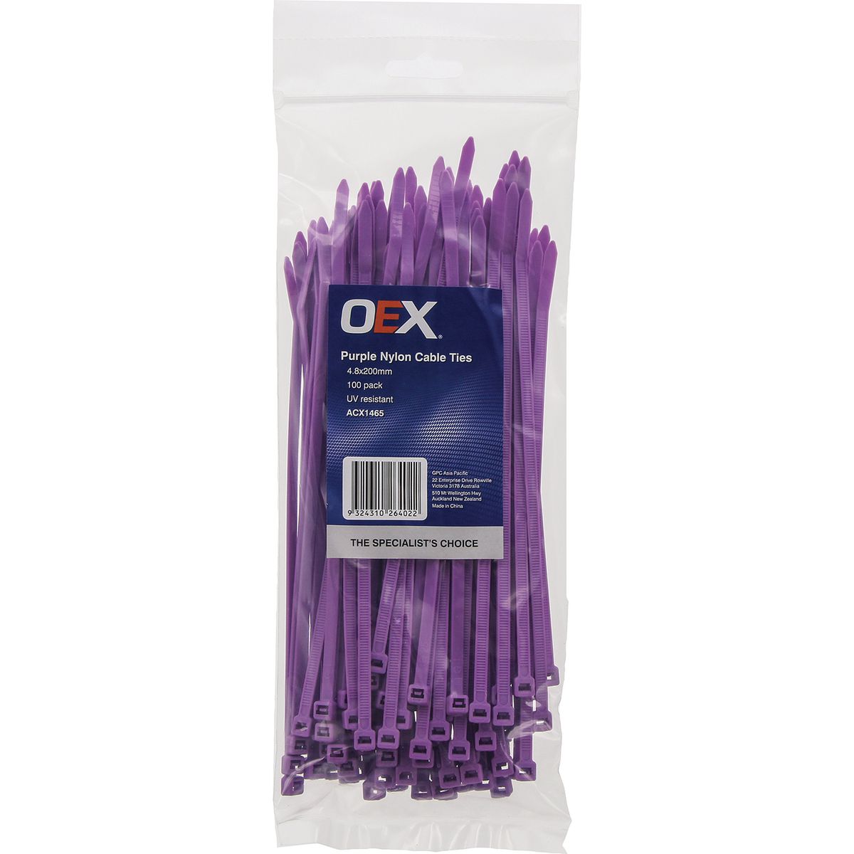 OEX Purple Nylon Cable Ties - 4.8mm X 200mm - 100 Pc ACX1465