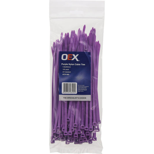 OEX Purple Nylon Cable Ties - 4.8mm X 200mm - 100 Pc ACX1465