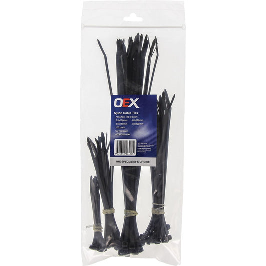 OEX Black Nylon Cable Tie Assortment - 100 Pc ACX1325-100