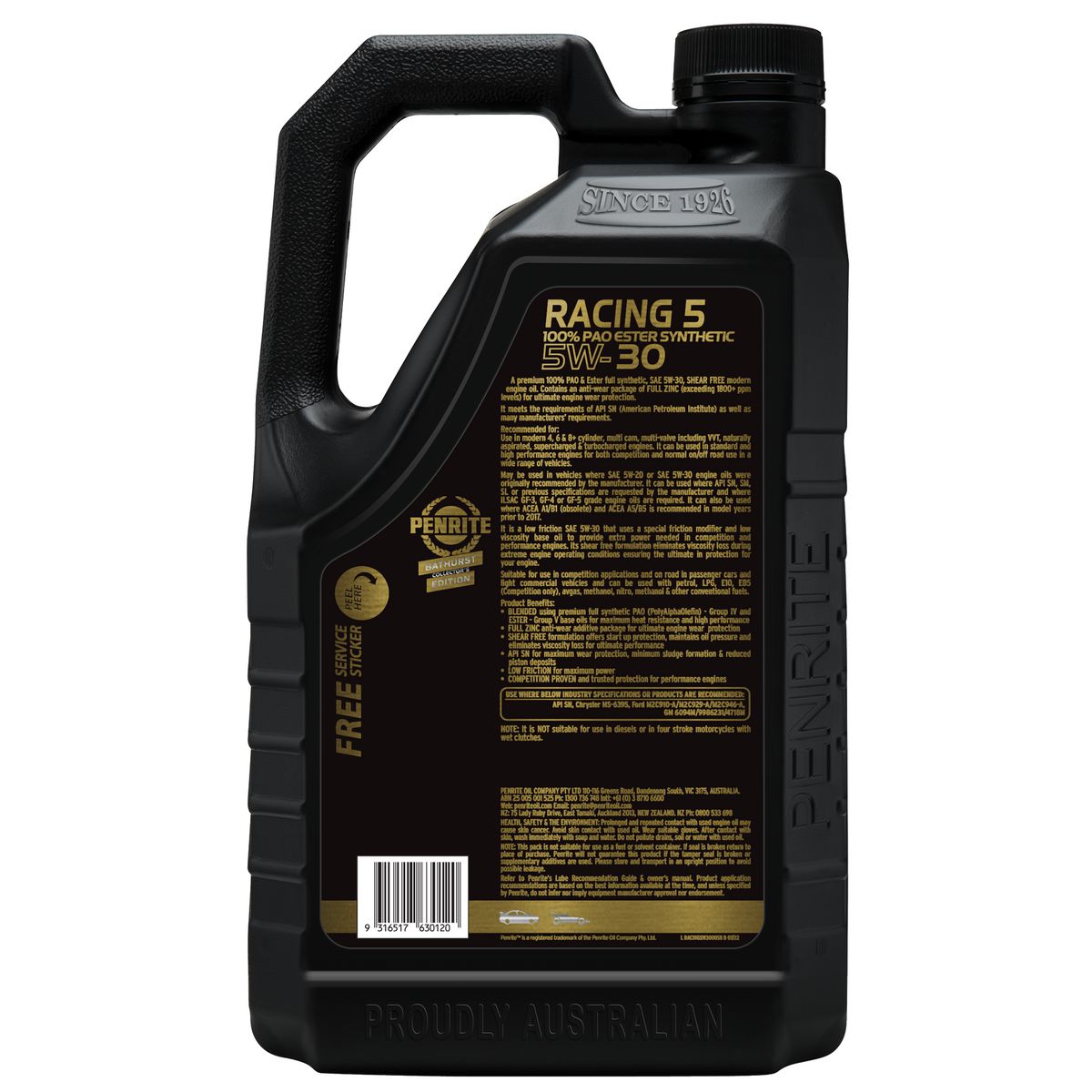 Penrite Oil Racing 5 5W-30 Engine Oil Limited Edition Bathurst Blend 5L RACING5W30005B