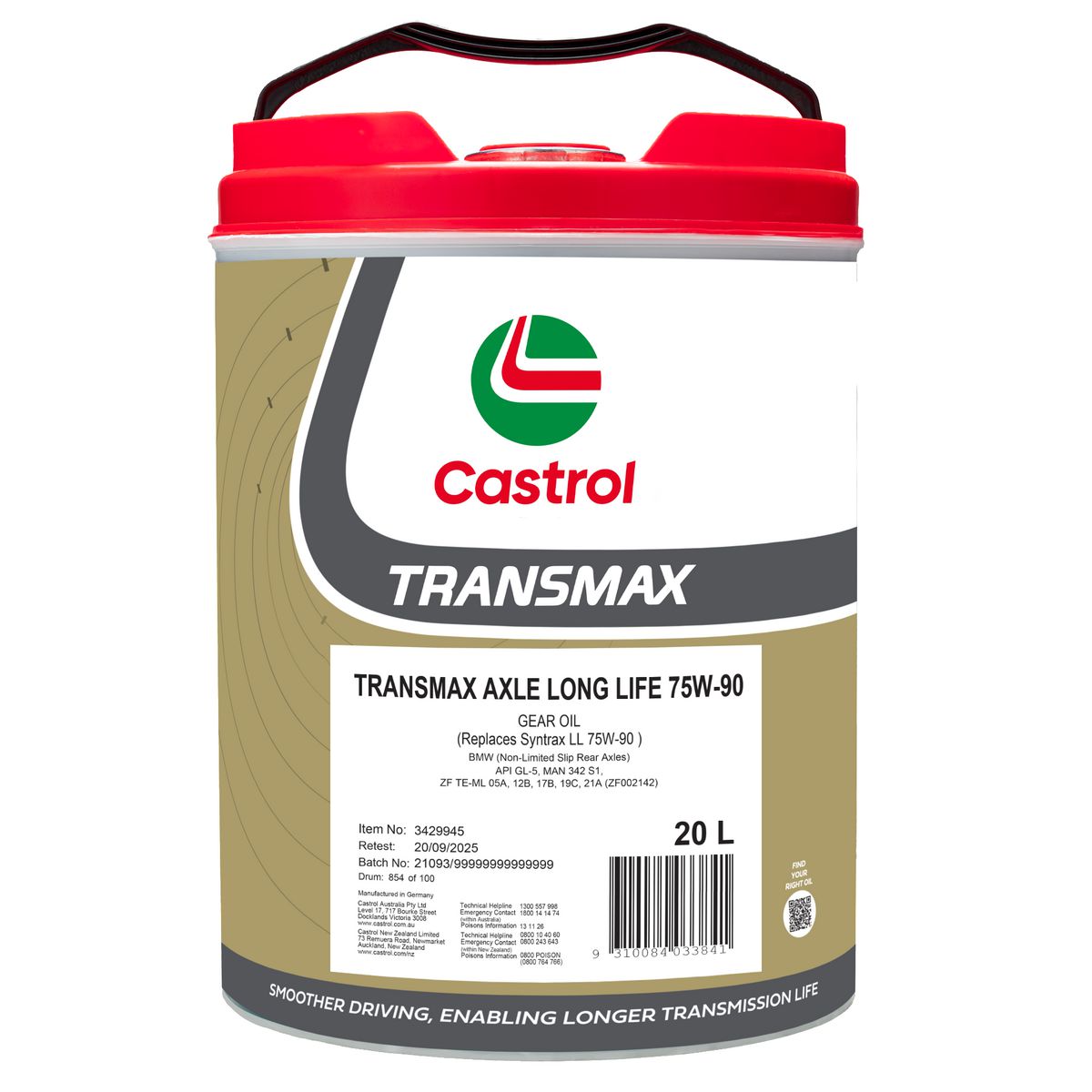 Castrol TRANSMAX Axle LL 75W-90 Rear Axle Oil 20L 3429945