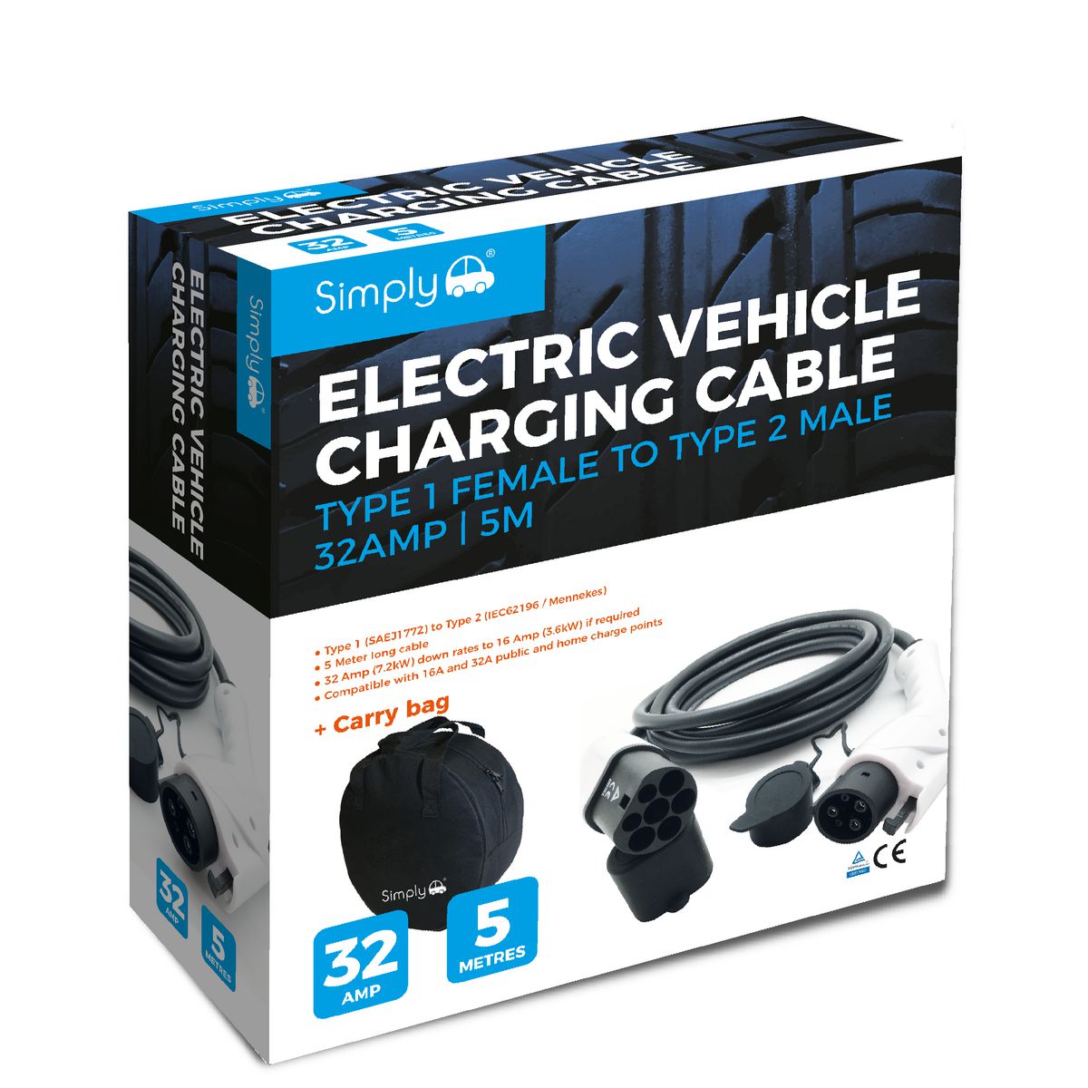 Simply Electric Vehicle Charging Cable Type 1-Type 2 32Amp 5M EV001