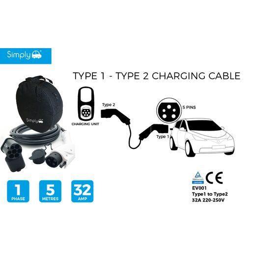 Simply Electric Vehicle Charging Cable Type 1-Type 2 32Amp 5M EV001