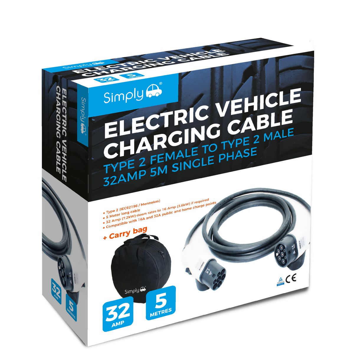 Simply Electric Vehicle Charging Cable Type 2-Type 2 32Amp EV004