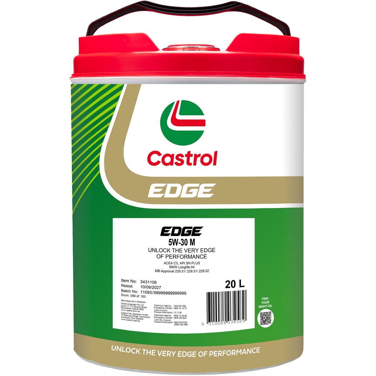 Castrol EDGE 5W-30M Engine Oil 20L 3431108
