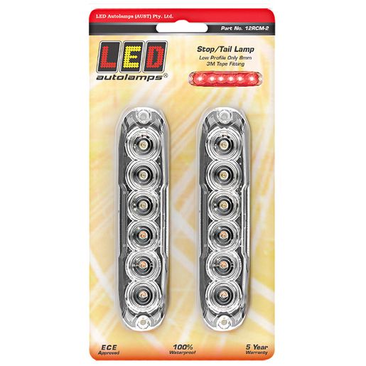 LED Autolamps Stop/Tail Lamp, Clear Lens Coloured Lens, 12/24V, Low Profile 3M Tape Fitting,Twin Blister 12RCM-2