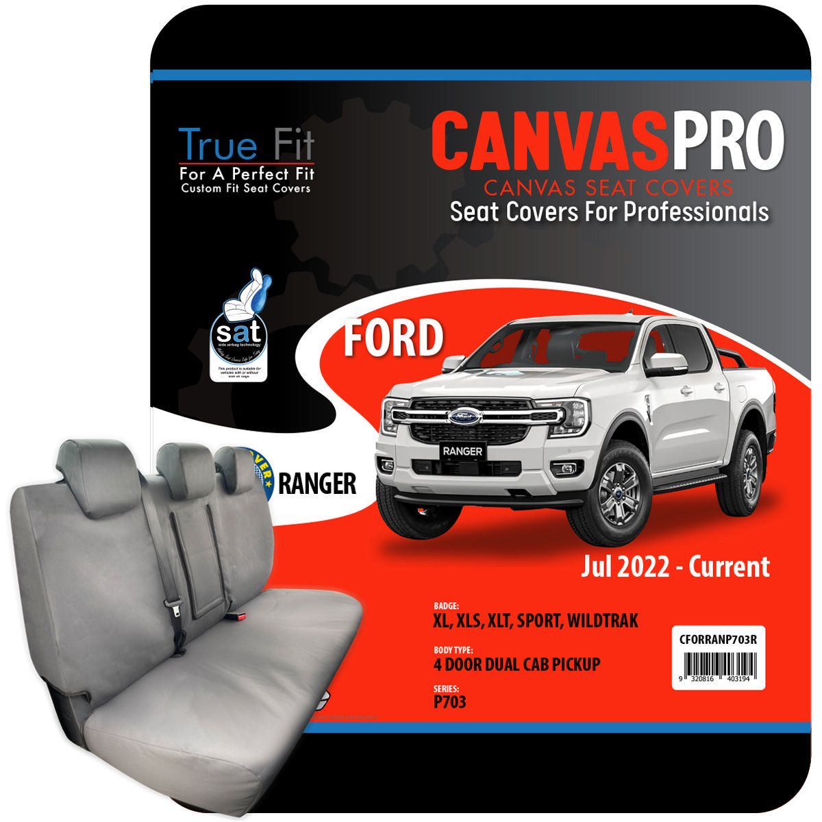 True Fit Tailored Fit Rear Car Seat Cover Canvas, Grey - Single CFORRANP703R