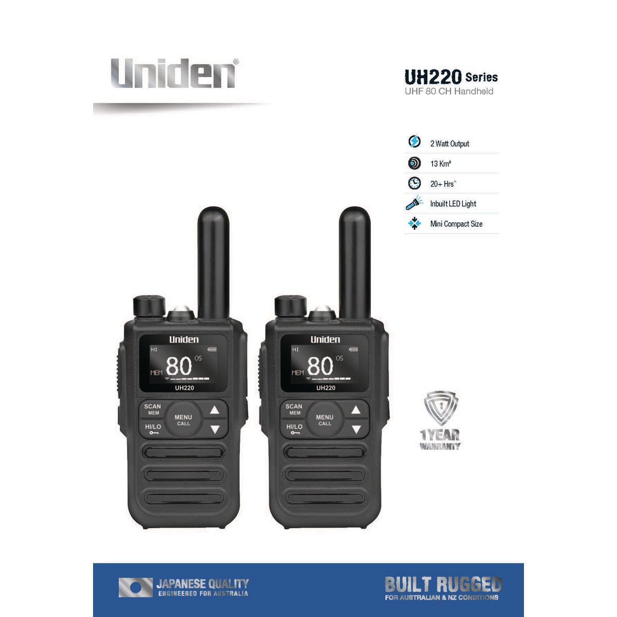 Uniden 2 Watt Handheld UHF Radio UH220