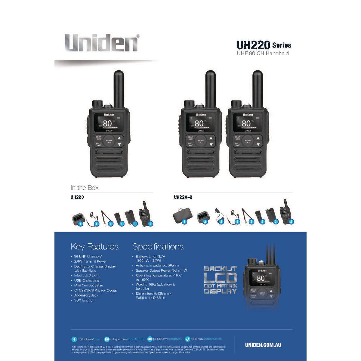 Uniden 2 Watt Handheld UHF Radio UH220