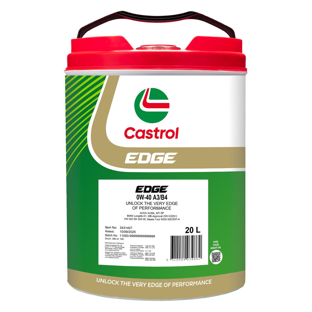 Castrol EDGE 0W-40 A3/B4 Engine Oil 20L 3431407