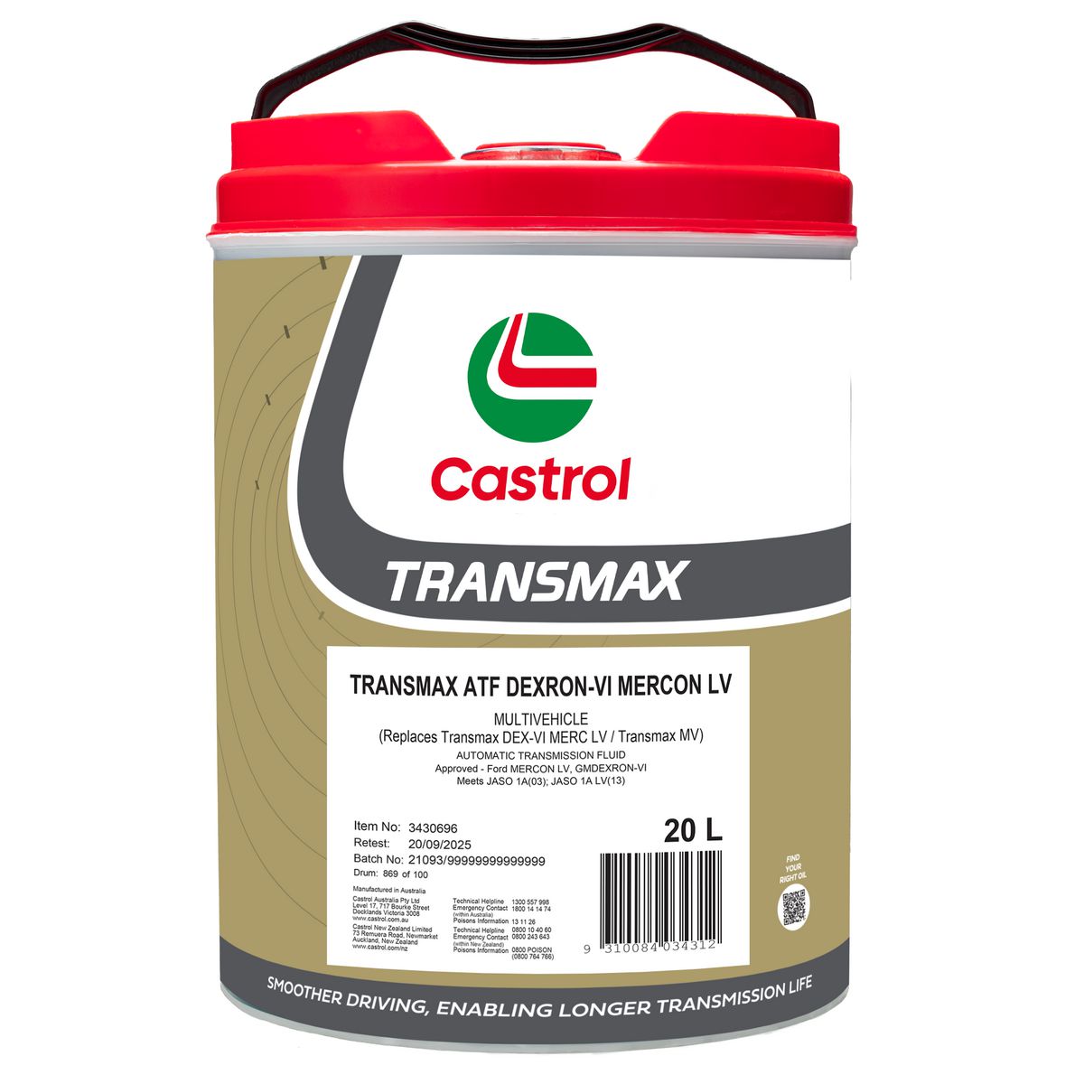 Castrol TRANSMAX ATF DEXRON-VI Mercon LV MultiVehicle Auto Trans Fluid 20L 3430696