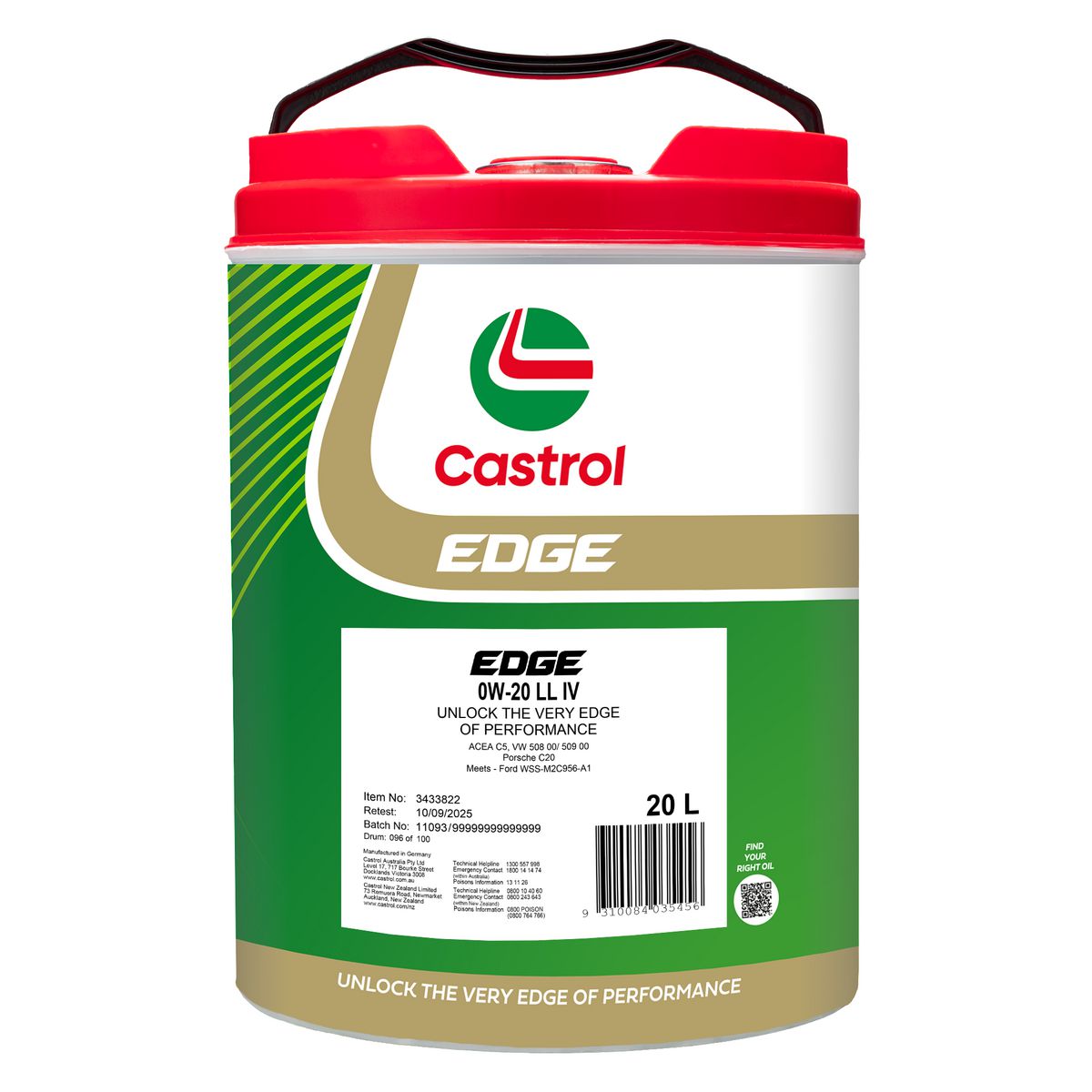 Castrol EDGE 0W-20 LL LV Engine Oil 20L 3433822
