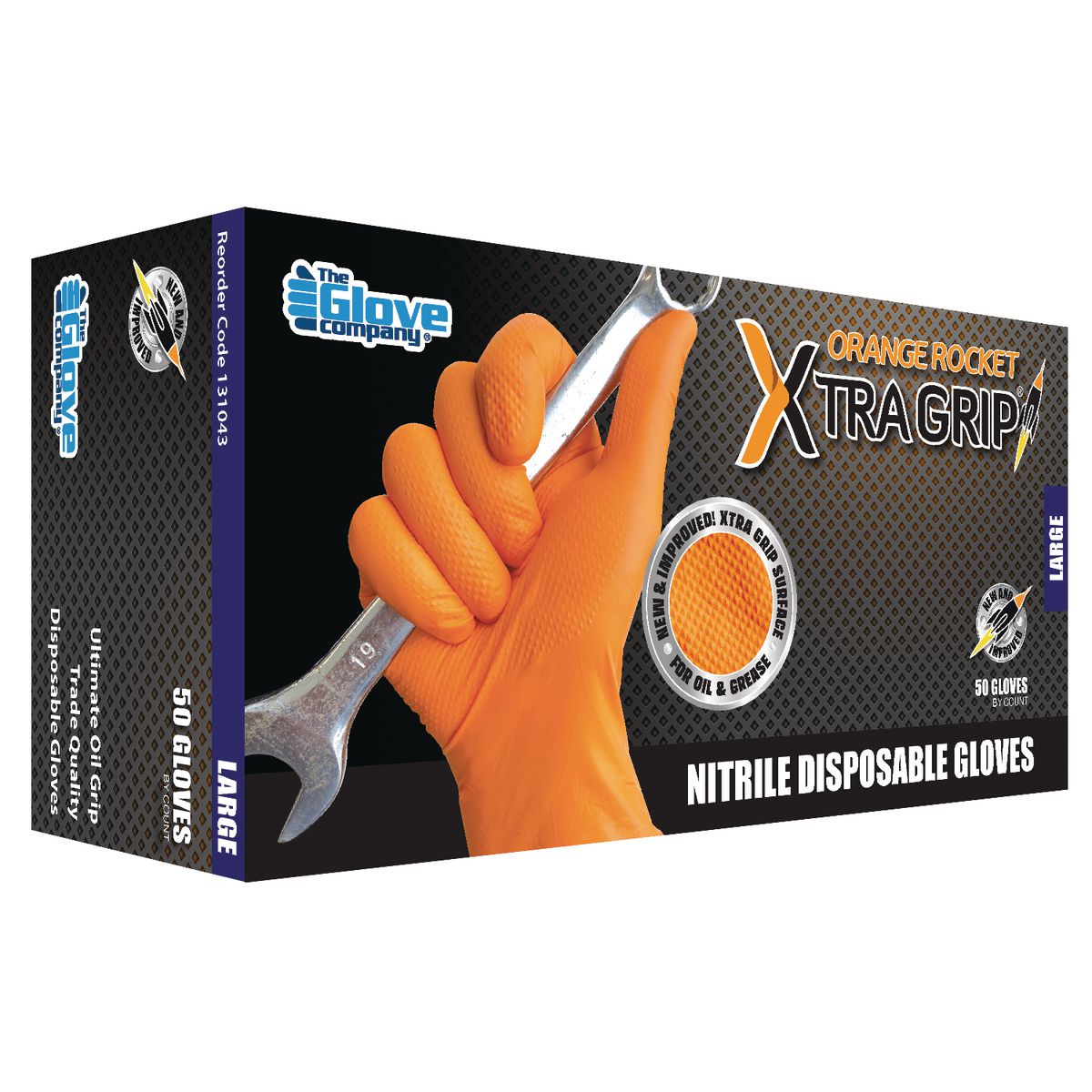 The Glove Company TGC Orange Xtra Grip Nitrile Disposable Gloves 50Pk Size Large 131043