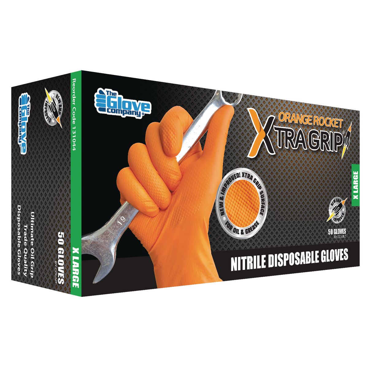 The Glove Company TGC Orange Xtra Grip Nitrile Disposable Gloves 50Pk Size X Large 131044
