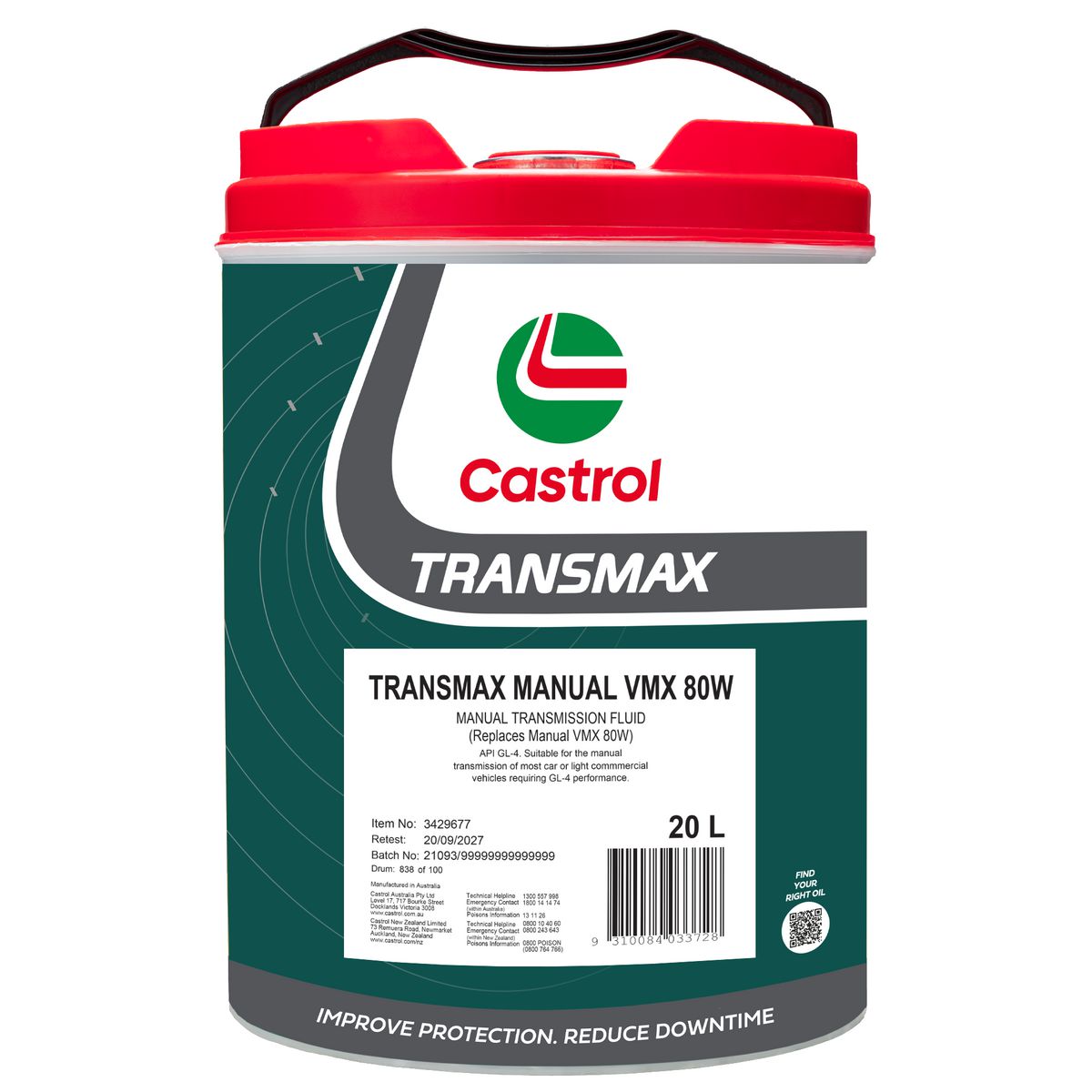 Castrol TRANSMAX Manual VMX 80W Transmission Fluid 20L 3429677