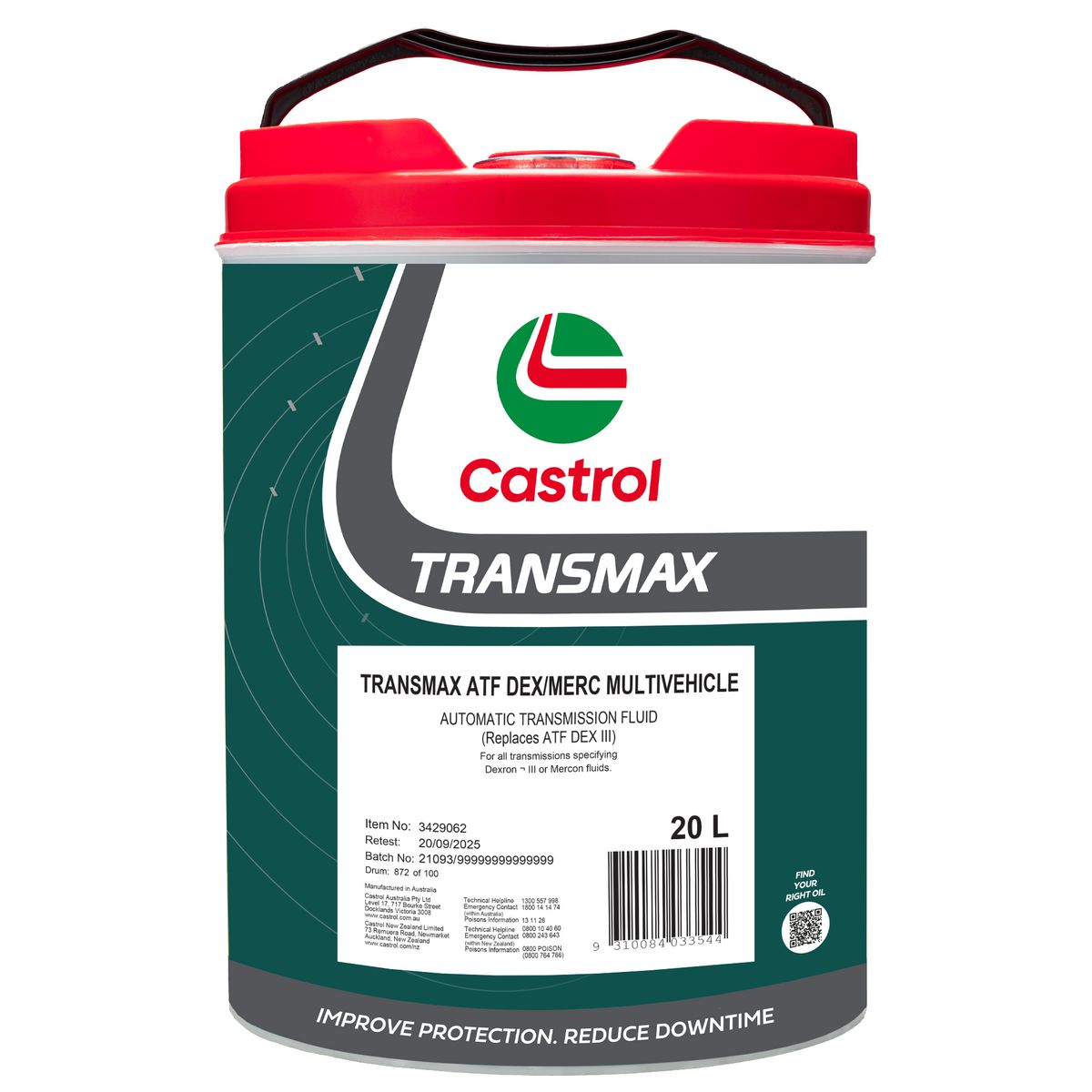 Castrol TRANSMAX ATF Dex/Merc MultiVehicle Auto Trans Fluid 20L 3429062