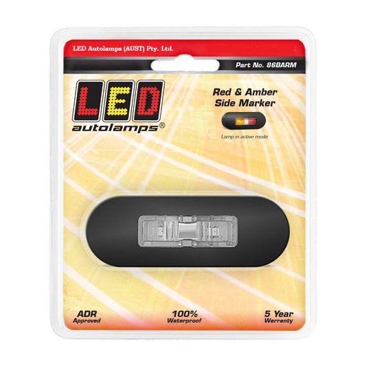 LED Autolamps Amber Red Marker, Clear Lens Coloured LEDs, Black Stainless Steel Bezel, 12-24V Blister Pack 86BARM