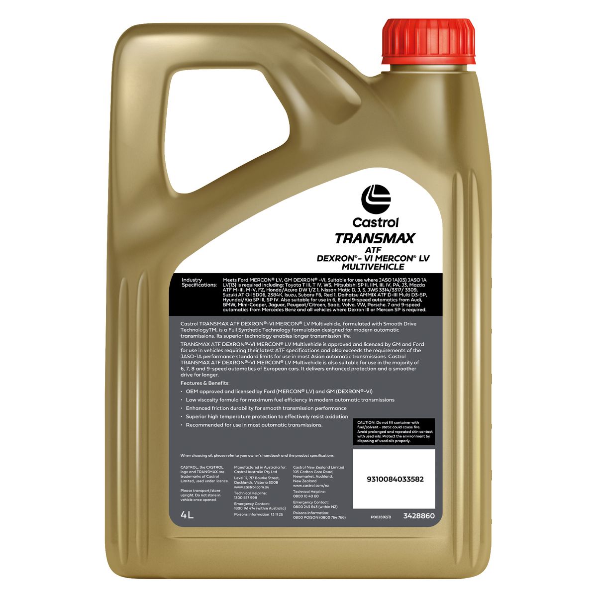 Castrol TRANSMAX ATF DEXRON-VI Mercon LV MultiVehicle Auto Trans Fluid 4L 3428938