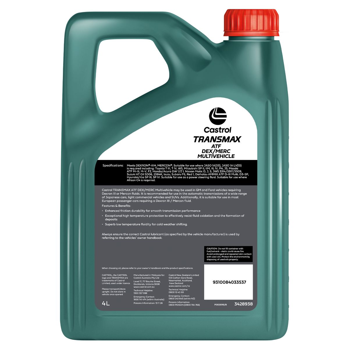 Castrol TRANSMAX ATF Dex/Merc MultiVehicle Auto Trans Fluid 4L 3428938