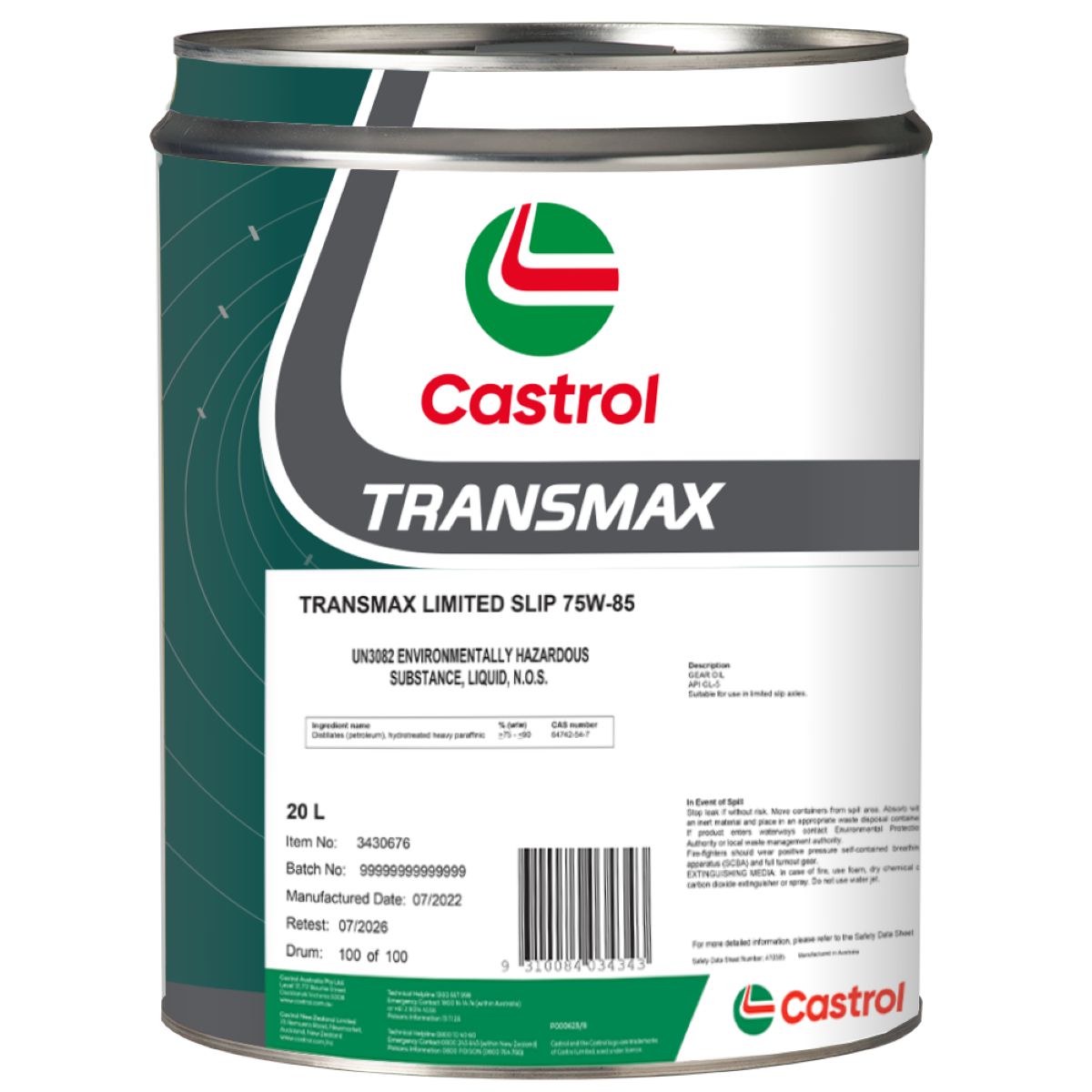 Castrol TRANSMAX Limited Slip 75W-85 Gear Oil 20L 3430676