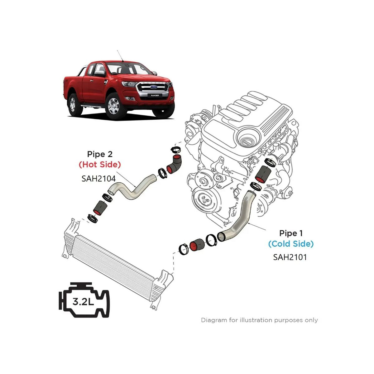 SAAS Intercooler Polish Alloy Pipe Hot Side Ranger / BT50 3.2L SAH2104