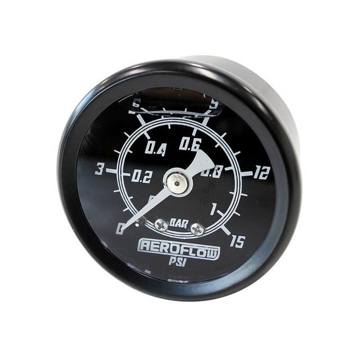 Aeroflow 1-1/2" 0-15 PSI Liq Fill Gauge Black Face White Pointer