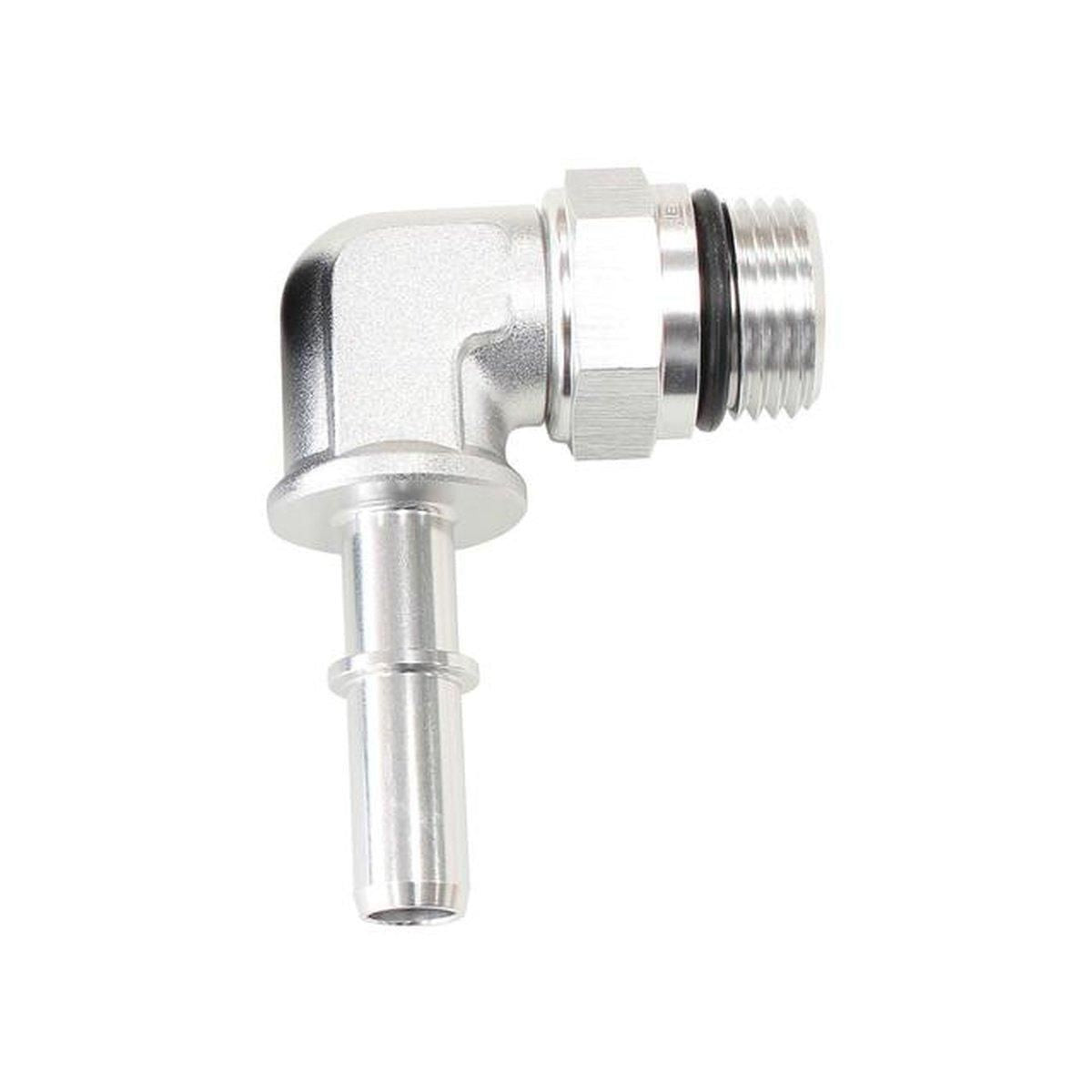 Aeroflow EFI Fuel Fitting 90 Deg 3/8" Push On Barb To -8ORB Silver