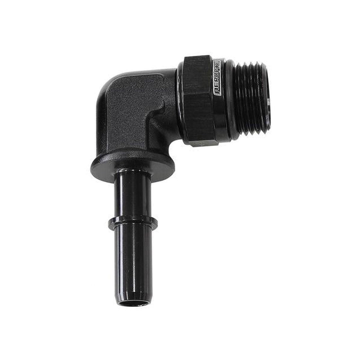 Aeroflow EFI Fuel Fitting 90 Deg 3/8" Push On Barb To -8ORB Black