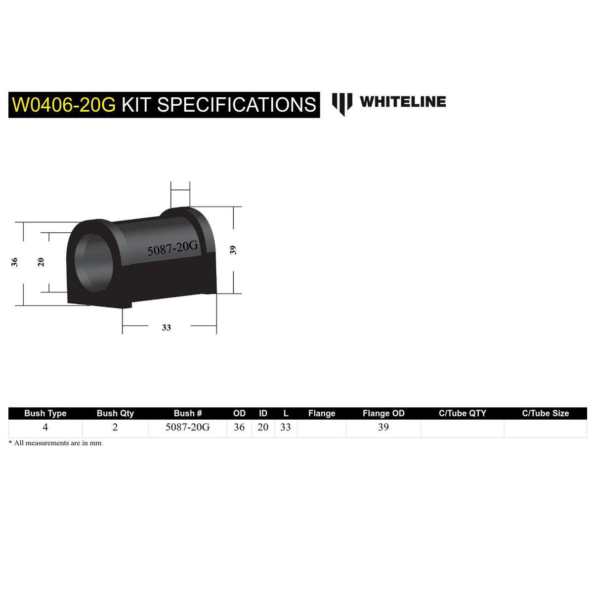 Whiteline W0406 20G Sway Bar Mount Bushing