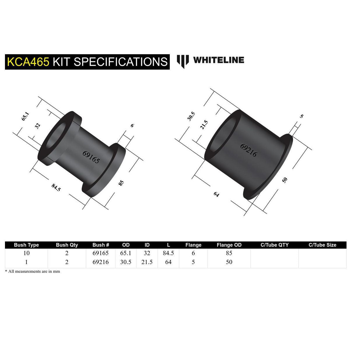 Whiteline Control Arm Bushing Kit Front Lower Inner KCA465