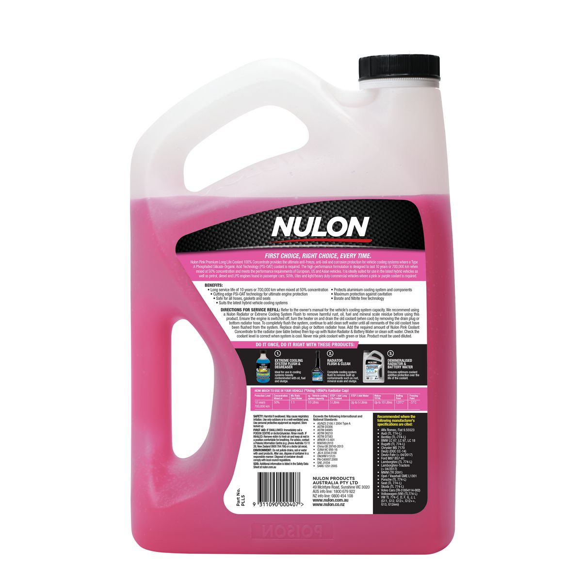 Nulon Pink Premium Long Life Coolant 100% Concentrate 5L PLL5