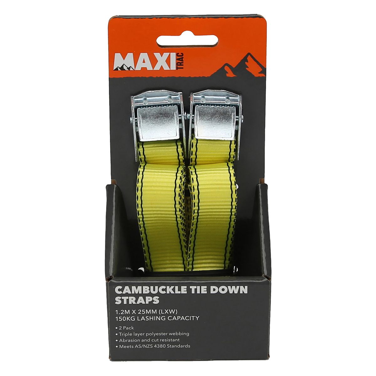 Maxitrac Cambuckle Ladder Tie Down Straps 2.4M X 25mm, 150Kg - 2 Pack MT-TDC001