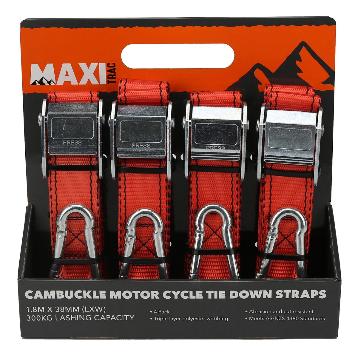 Maxitrac Cambuckle Motorcycle Tie Down Straps 1.8M 300Kg Lashing Capacity 4 Pack MT-TDCM006