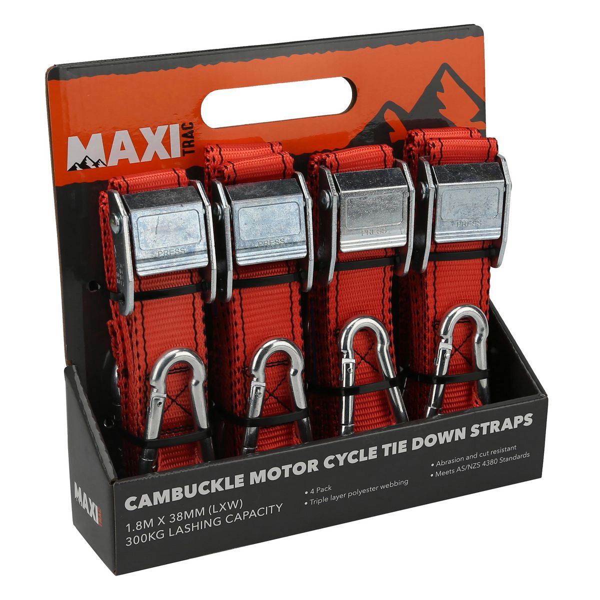 Maxitrac Cambuckle Motorcycle Tie Down Straps 1.8M 300Kg Lashing Capacity 4 Pack MT-TDCM006
