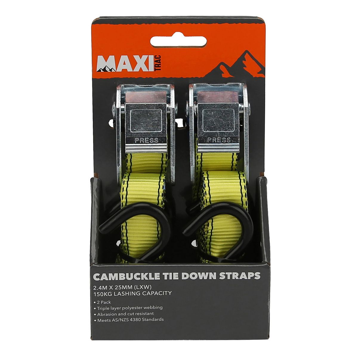 Maxitrac Cambuckle Tie Down Straps 2.4M 150Kg Lashing Capacity 2 Pack MT-TDC002