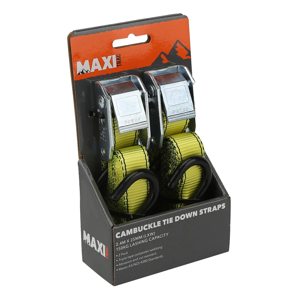 Maxitrac Cambuckle Tie Down Straps 2.4M 150Kg Lashing Capacity 2 Pack MT-TDC002
