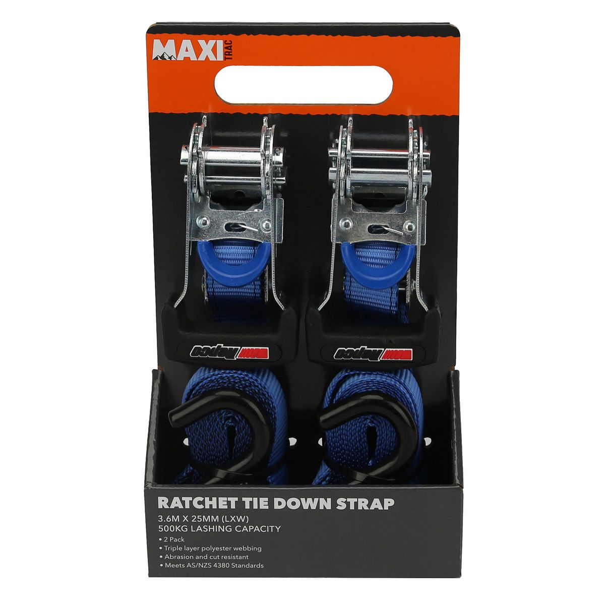 Maxitrac Ratchet Tie Down Straps 3.6M 500Kg Lashing Capacity 2 Pack MT-TDR006